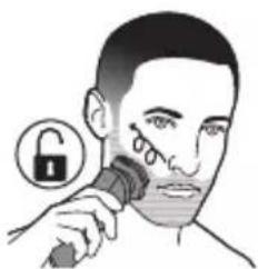 Illustration showing a person using a handheld device to lock an eye, with a lock icon and magnified view of the device.
