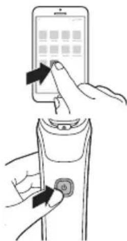 Diagram showing hand positioning of a mobile phone screen with an app interface and a handheld device with a button