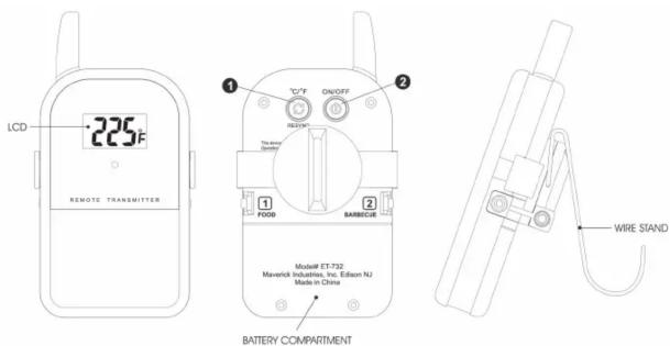 LCD 225°F REMOTE TRANSMITTER °C/F ON/OFF 1 FOOD 2 BARBICUS Model ET-732 Maverick Industries, Inc. Edition NJ Made in China BATTERY COMPARTMENT WIRE STAND