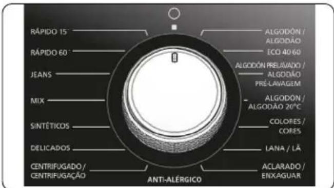 RÁPIDO 15 RÁPIDO 60 JEANS MIX SINTÉTICOS DELICADOS CENTRIFUGADO/ CENTRIFUGAÇÃO ANTI-ALÉRGICO ALGODÔN / ALGODÃO ECO 40 60 ALGODÔN PRELAVADO / ALGODÃO PRE-LAVAGEM ALGODÔN / ALGODÃO 20°C COLORES / CORES LANA / LÃ ACLARADO / ENXAGUAR