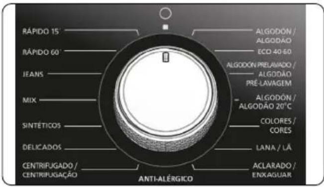 RÁPIDO 15' RÁPIDO 60' JEANS MIX SINTÉTICOS DELICADOS CENTRIFUGADO / CENTRIFUGAÇÃO ANTI-ALÉRGICO ALGODÔN / ALGODÃO ECO 40-60 ALGODÔN PRELAVADO / ALGODÃO PRE-LAVAGEM ALGODÔN / ALGODÃO 20°C COLORES / CORES LANA / LÃ ACLARADO / ENXAGUAR