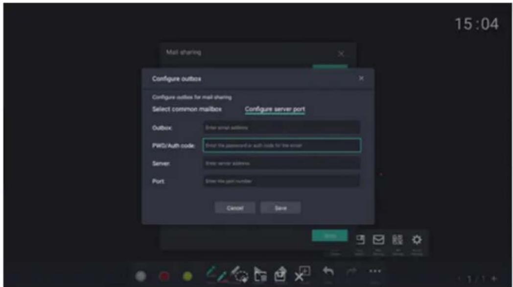 Mail sharing Configure outbox Configure outbox for mail sharing Select common mailbox Configure server port Outbox: Enter email address PWD/Auth code: Print the password or auth keys for the error Server: Enter server address Port: Save the port number Cancel Save 15:04