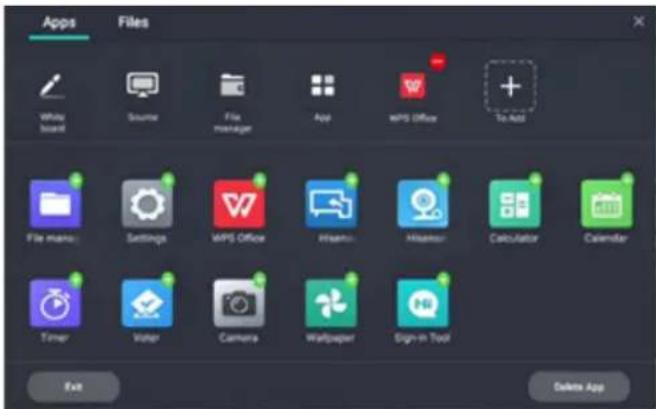 Apps Files Wrap Board Source File Manager App wPS Office To Add File name: Settings wPS Office Hisemin Hisensor Calculator Calculator Timer Vapor Camera Wallpaper Sign-in Tool Exit Delete App