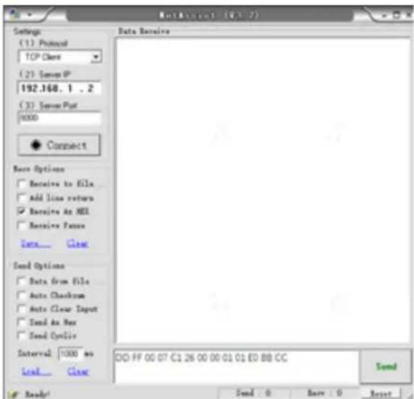 Data Receive (1) Protocol TCP Client (2) Server IP 192.168, 1, 2 (3) Server Port 1000 Connect Send Options Receive to Filex Add line return Receive At MEL Receive Passes Send Clear Send Options Data from File Auto Checkroom Auto Clear Input Send As New Send Cyclie Interval 1000 ms Send Clear DD: FF 00 07 C1 26 00 00 01 01 ED BB CC Send Ready! Send : 0 Save : 0 Reset