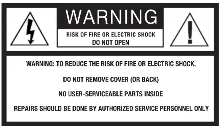 WARNING RISK OF FIRE OR ELECTRIC SHOCK DO NOT OPEN WARNING: TO REDUCE THE RISK OF FIRE OR ELECTRIC SHOCK, DO NOT REMOVE COVER (OR BACK) NO USER-SERVICEABLE PARTS INSIDE REPAIRS SHOULD BE DONE BY AUTHORIZED SERVICE PERSONNEL ONLY