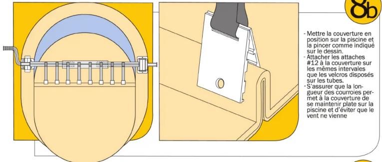 - Mettre la couverture en position sur la piscine et la pincer comme indiqué sur le dessin. - Attacher les attaches #12 à la couverture sur les mêmes intervales que les velcro disposés sur les tubes. - S'assurer que la longueur des courroies permet à la couverture de se maintenir plate sur la piscine et d'éviter que le vent ne vienne
