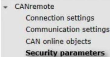 CANremote Connection settings Communication settings CAN online objects Security parameters