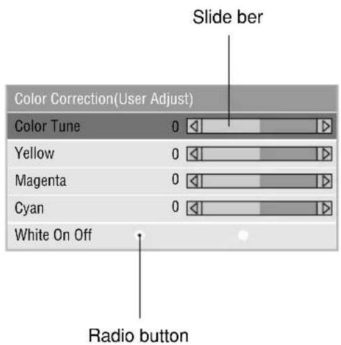 Slide ber Color Correction(User Adjust) Color Tune 0 Yellow 0 Magenta 0 Cyan 0 White On Off Radio button