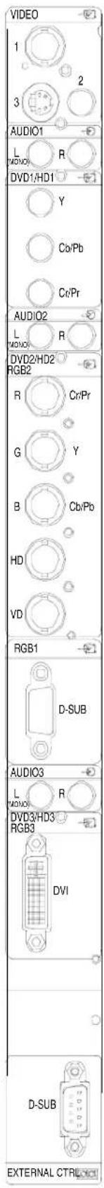 VIDEO 1 2 3 AUDIO1 L MONO R DVD1/HD1 Y Co/Pb Cr/Pr AUDIO2 L MONO R DVD2/HD2 RGB2 R Cr/Pr G Y B Cb/Pb HD VD RGB1 D-SUB AUDIO3 L MONO R DVD3/HD3 RGB9 DVI D-SUB EXTERNAL CTRL