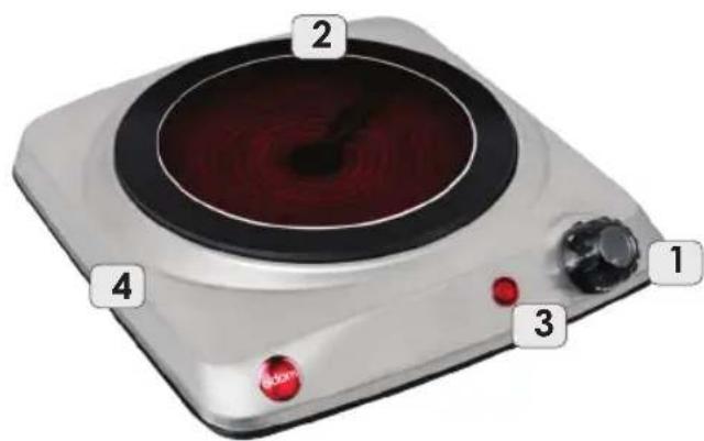 Diagram of a portable electric stove with numbered parts labeled 1 to 4