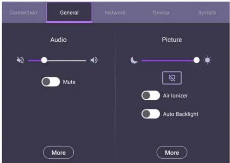 Connection General Network Device System Audio Mute More Picture Air Ionizer Auto Backlight More