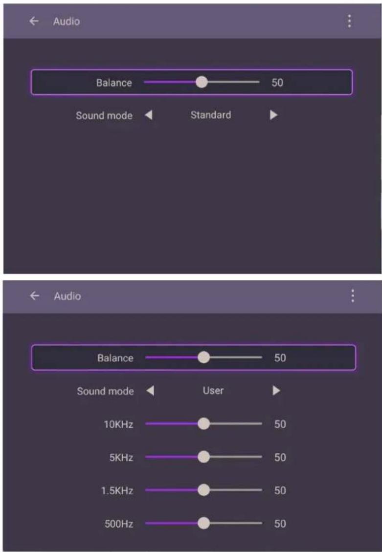 Audio Balance 50 Sound mode Standard Audio Balance 50 Sound mode User 10KHz 50 5KHz 50 1.5KHz 50 500Hz 50