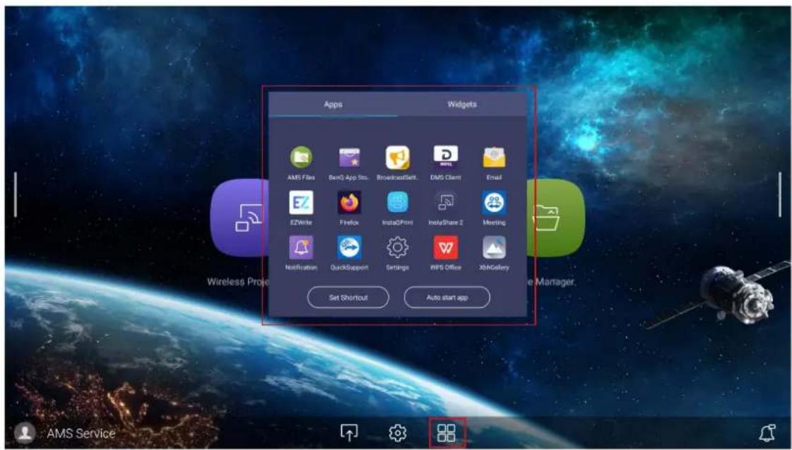 Apps Widgets AMS Files BenQ App Std. BroadcastStart. DMS Client Email EZWrite Firefox InstaQPrint InstaShare 2 Meeting Notification QuickSupport Settings WPS Office XhhGallery Set Shoutout Auto start app Wireless Project e Manager. AMS Service