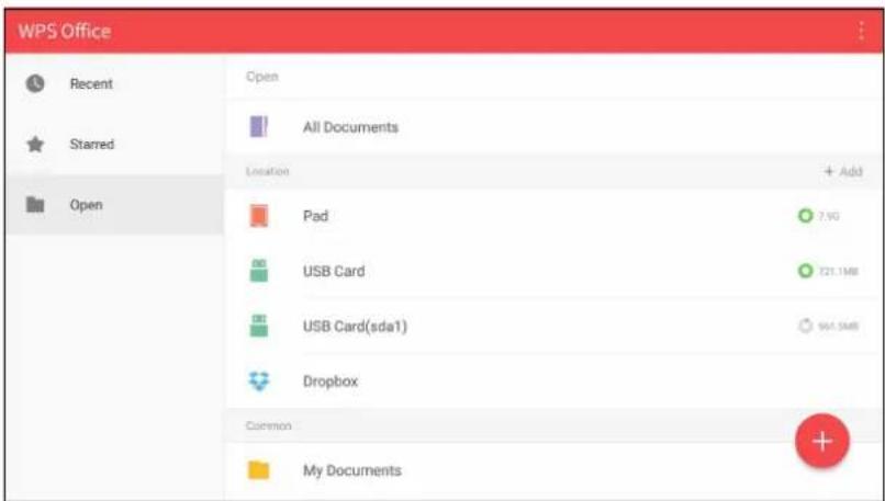WPS Office Recent Starred Open Open All Documents Location Pad USB Card USB Card(sda1) Dropbox Common My Documents