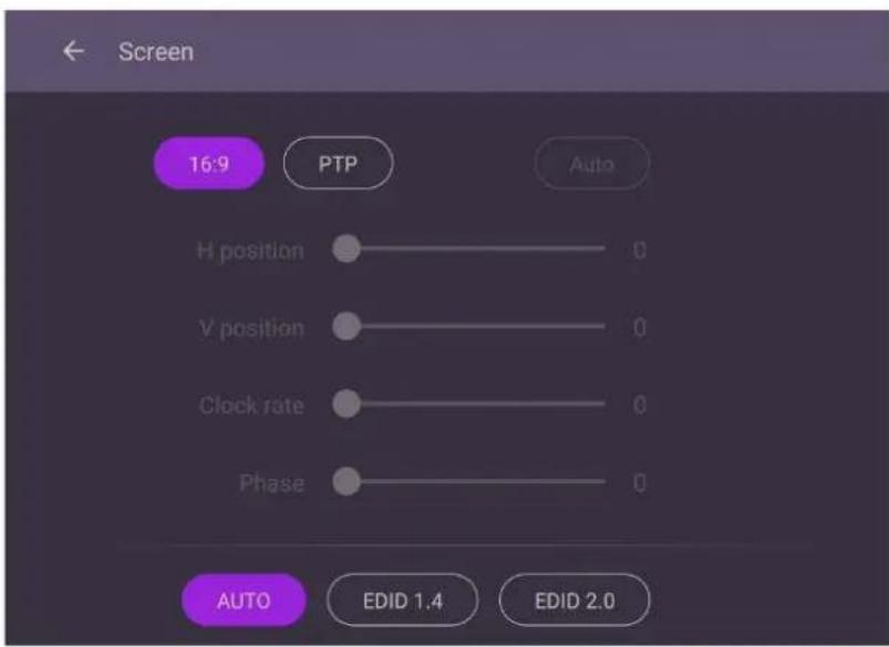 Screen 16:9 PTP Auto H position 0 V position 0 Clock rate 0 Phase 0 AUTO EDID 1.4 EDID 2.0
