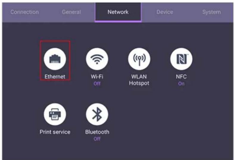 Connection General Network Device System Ethernet Wi-Fi Off WLAN Hotspot NFC On Print service Bluetooth Off