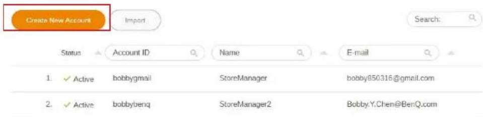 Create New Account Import Search: Status Account ID Name E-mail 1. ✓ Active bobbygmail StoreManager bobby850316@gmail.com 2. ✓ Active bobbybenq StoreManager2 Bobby.Y.Chen@BenQ.com