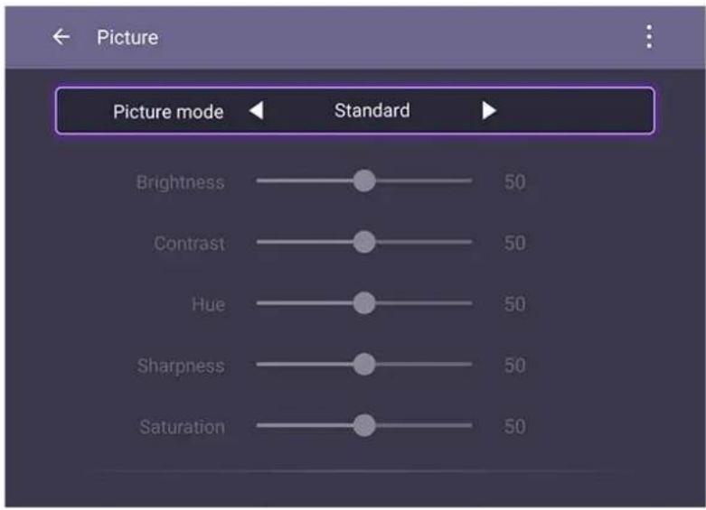 Picture Picture mode Standard Brightness 50 Contrast 50 Hue 50 Sharpness 50 Saturation 50