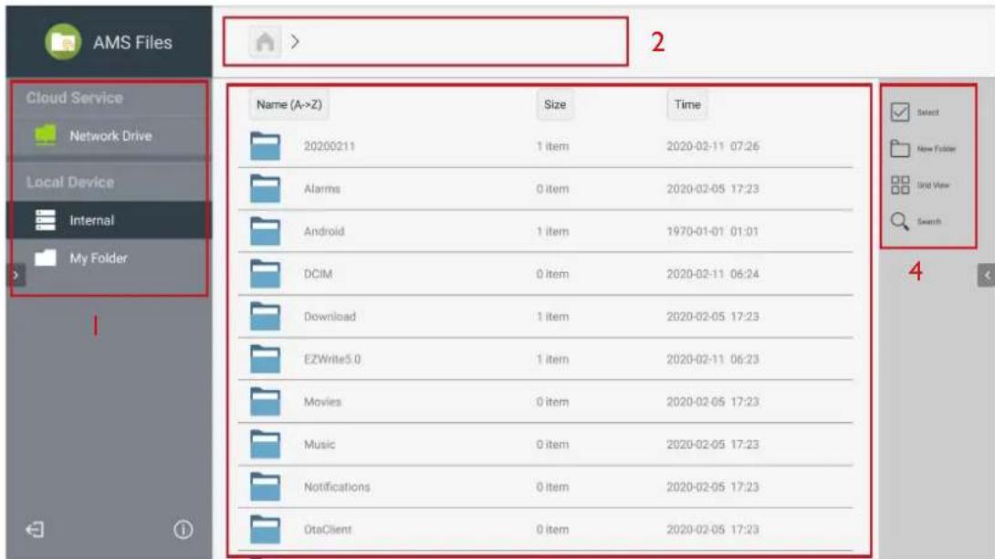 AMS Files Cloud Service Network Drive Local Device Internal My Folder Name (A->Z) Size Time 20200211 1 item 2020-02-11 07:26 Alarms 0 item 2020-02-05 17:23 Android 1 item 1970-01-01 01:01 DCIM 0 item 2020-02-11 06:24 Download 1 item 2020-02-05 17:23 EZWrite5.0 1 item 2020-02-11 06:23 Movies 0 item 2020-02-05 17:23 Music 0 item 2020-02-05 17:23 Notifications 0 item 2020-02-05 17:23 OtaClient 0 item 2020-02-05 17:23