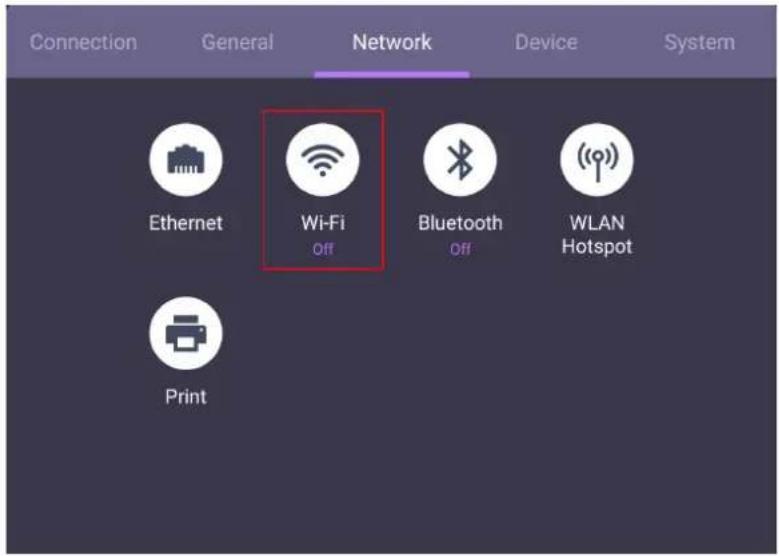 Connection General Network Device System Ethernet Wi-Fi Off Bluetooth Off WLAN Hotspot Print