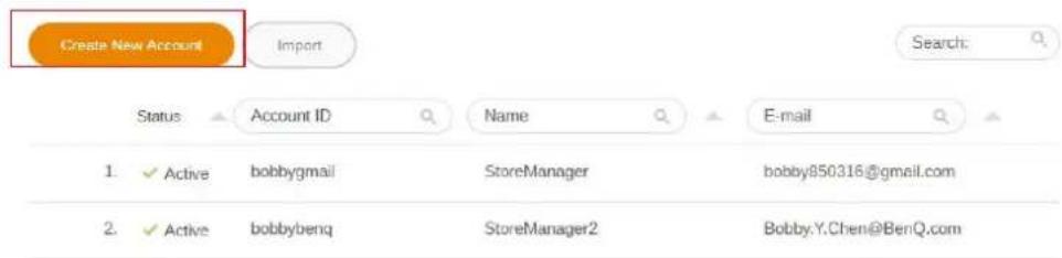 Create New Account Import Search: Status Account ID Name E-mail 1. ✓ Active bobbygmail StoreManager bobby850316@gmail.com 2. ✓ Active bobbybenq StoreManager2 Bobby.Y.Chen@BenQ.com
