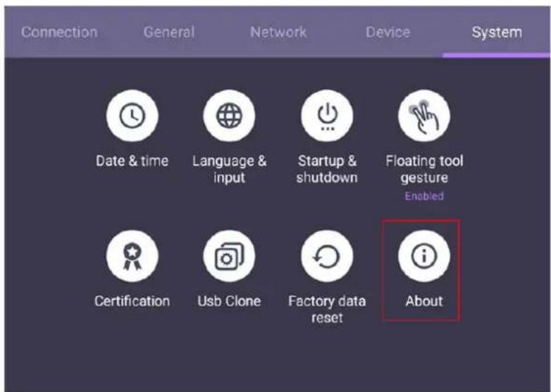 Connection General Network Device System Date & time Language & input Startup & shutdown Floating tool gesture Enabled Certification Usb Clone Factory data reset About