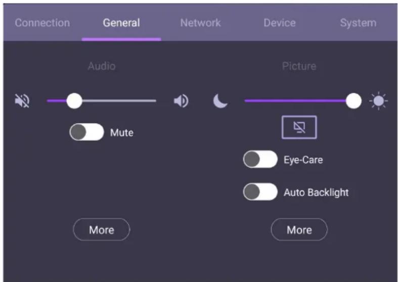 Connection General Network Device System Audio Mute Picture Eye-Care Auto Backlight More More