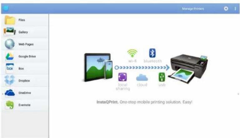 Manage Printers Files Gallery Web Pages Google Drive Box Dropbox OneDrive Evernote w-l-l bluetooth local sharing cloud usb InstaQPrint, One-stop mobile printing solution, Easy!