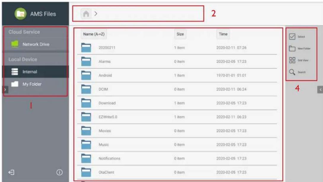 AMS Files Cloud Service Network Drive Local Device Internal My Folder Name (A->Z) Size Time 20200211 1 item 2020-02-11 07:26 Alarms 0 item 2020-02-05 17:23 Android 1 item 1970-01-01 01:01 DCIM 0 item 2020-02-11 06:24 Download 1 item 2020-02-05 17:23 EZWrite5.0 1 item 2020-02-11 06:23 Movies 0 item 2020-02-05 17:23 Music 0 item 2020-02-05 17:23 Notifications 0 item 2020-02-05 17:23 OtaClient 0 item 2020-02-05 17:23