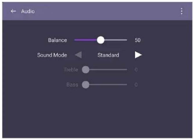 Audio Balance 50 Sound Mode Standard Treble 0 Bass 0