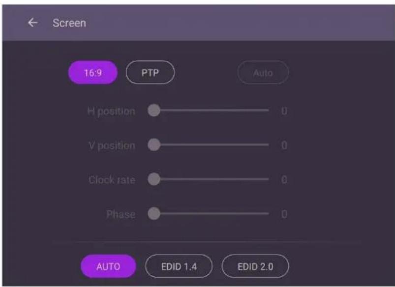 Screen 16:9 PTP Auto H position 0 V position 0 Clock rate 0 Phase 0 AUTO EDID 1.4 EDID 2.0