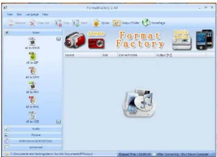 FormatFactory 2.60 Task Skin Language Help Reaction Clear List Stop Start Option Output Folder HomePage Video All to RAVE All to GFP All to WMV All to MVV All to HPG All to VCE Audio Picture ROM Device (DVD/ICD/ISO) Advanced Camera Format Factory Source Size Convert State Output [+] Mobile Device C:\Documents and Settings\Kevin Sun\My Documents\FFOwlut Elapsed Time: 10:00:00:00 After Converting / Shut Down Computer