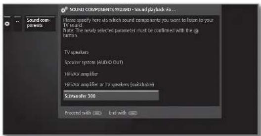 SOUND COMPONENTS Wizard - Sound playback via ... Please specify here via which sound components you want to listen to your TV sound. Note: The newly selected parameter must be confirmed with the @ button. TV speakers Speaker system (AUDIO OUT) Hi-VAV amplifier Hi-VAV amplifier or TV speakers (switchable) Subwoofer 300 Proceeds with Lost with