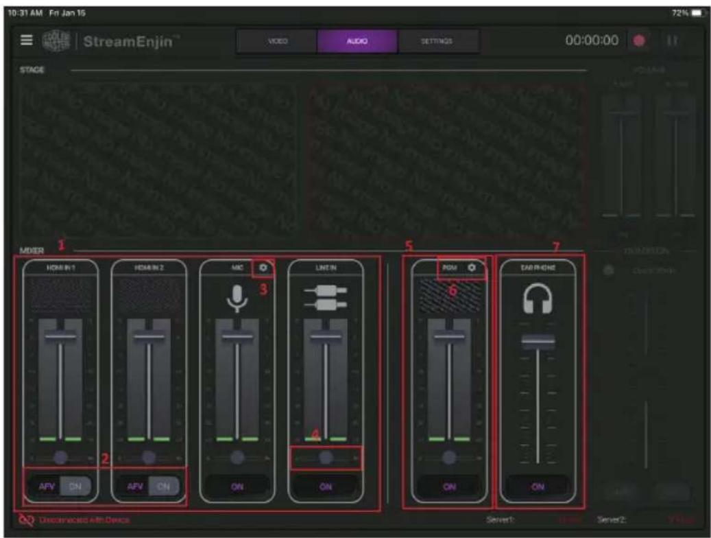 10:31 AM Fri Jan 15 StreamEnjin™ VIDEO AUDIO SETTINGS 00:00:00 STAGE MIXER 1 HDMI IN 1 2 HDMI IN 2 3 MIX 4 LINTIN 5 ROM 6 EADA/RENE 7 Unconnected with Device Server1 Server2