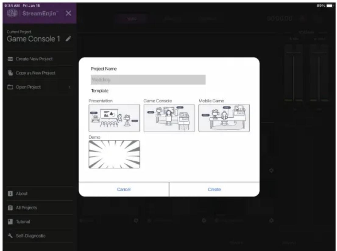 9:34 AM Fri Jan 15 StreamEnjin™ Current Project Game Console 1 Create New Project Copy as New Project Open Project Project Name Wedding Template Presentation Game Console Mobile Game Demo Cancel Create