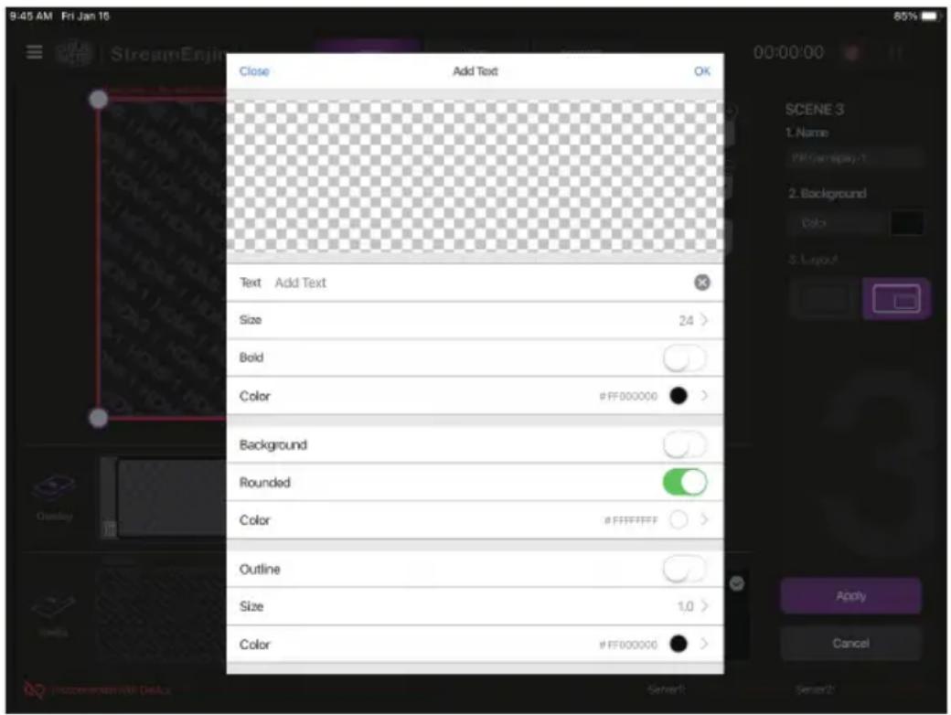 9:45 AM Fri Jan 16 Close Add Text OK Text Add Text Size 24 > Bold Color #FF000000 > Background Rounded Color # FFFFFFF > Outline Size 1.0 > Color #FF000000 >