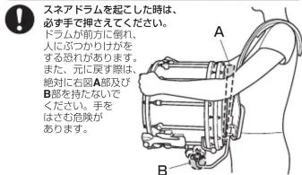 スネアドラムを起こした時は、 必ず手で押さえてください。 ドラムが前方に倒れ、 人にぶたけがを する恐があります。 また、元に戻す際は、 絶対に右図A部及び B部を持たないで ください。手を はさむ険除が あります。