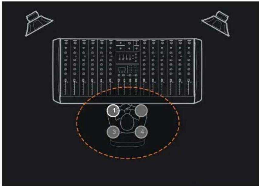 Diagram of a computer control panel with labeled buttons and a highlighted circular component, likely illustrating audio or audio system design.