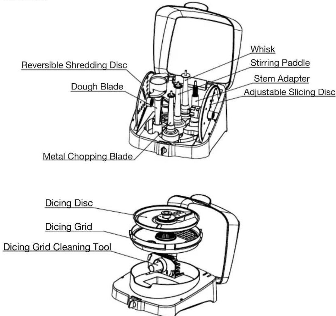 Reversible Shredding Disc Dough Blade Metal Chopping Blade Whisk Stirring Paddle Stem Adapter Adjustable Slicing Disc Dicing Disc Dicing Grid Dicing Grid Cleaning Tool