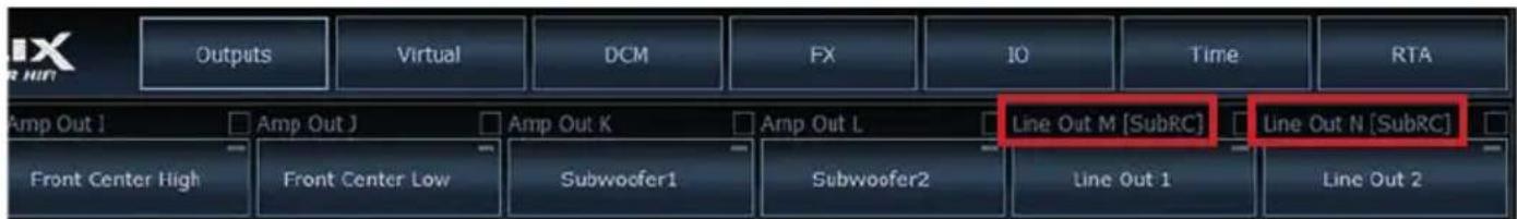Outputs Virtual DCM FX IO Time RTA Amp Out I Amp Out J Amp Out K Amp Out L Line Out M [SubRC] Line Out N [SubRC] Front Center High Front Center Low Subwoofer1 Subwoofer2 Line Out 1 Line Out 2