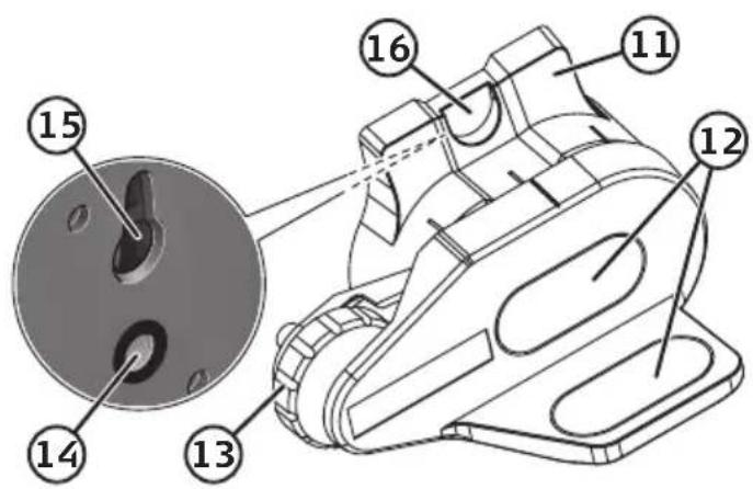 Technical diagram of a mechanical device with numbered components, including a circular component and labeled parts 11 through 16.