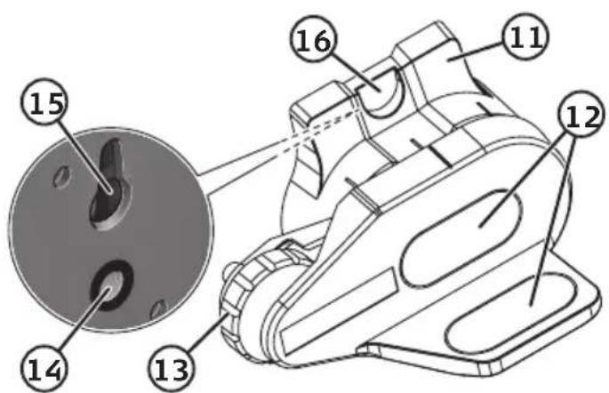 Technical diagram of a mechanical device with numbered components, including a circular component and labeled parts 11 through 16.