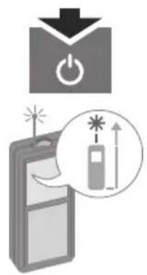 Diagram illustrating a power switch with an icon of a device emitting a light, accompanied by a magnified view showing a battery symbol.