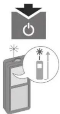 Diagram showing a power button with an icon and a warning symbol with upward arrows, alongside a device screen.