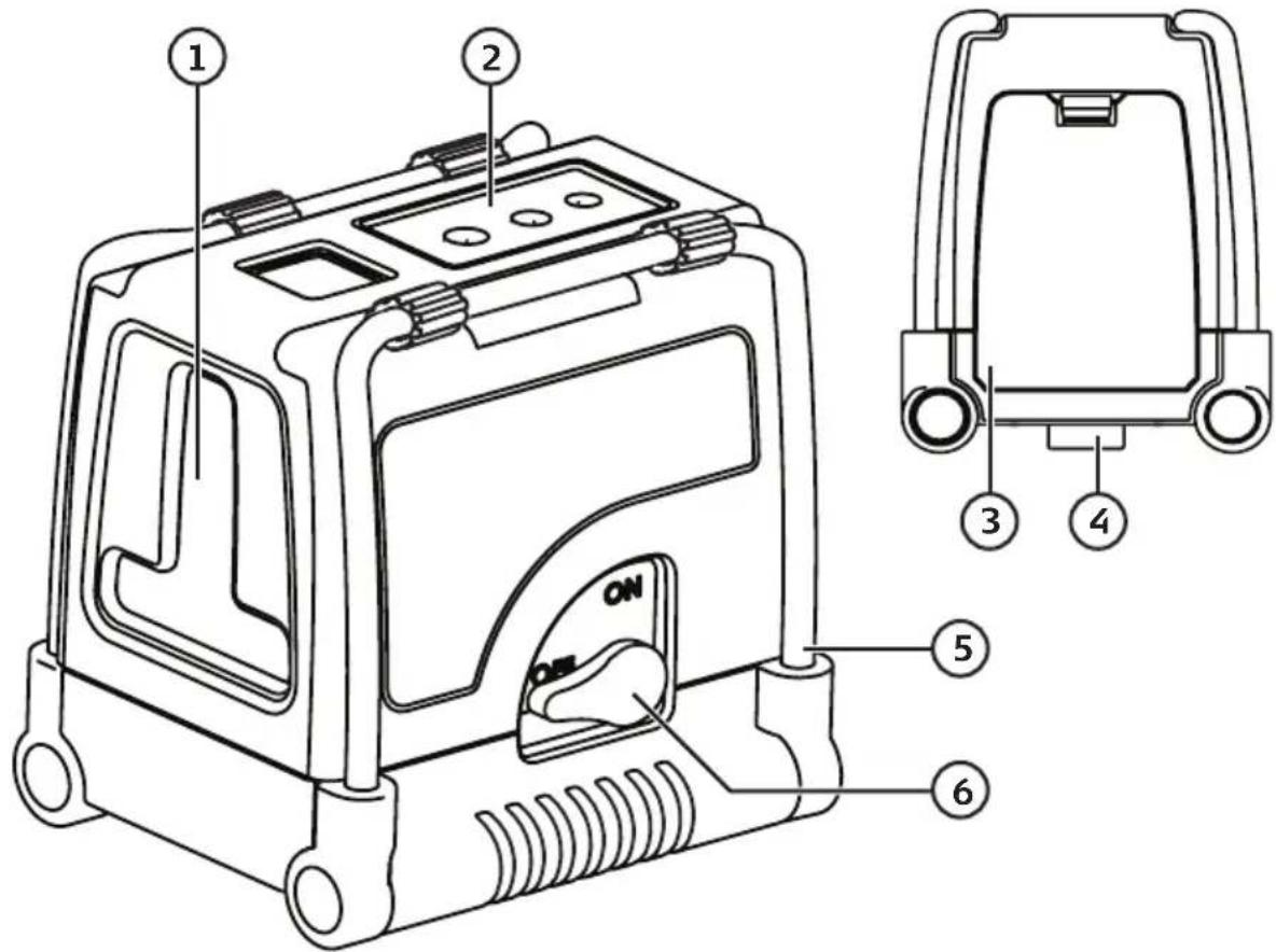 Technical diagram of an electronic device with numbered parts and exploded view, showing internal components like ON/OFF and labeled parts 1 through 6.
