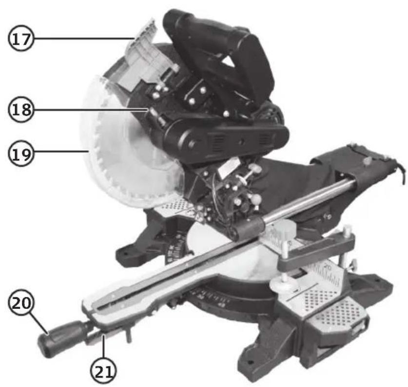 Labeled diagram of a mechanical cutting machine with numbered parts for identification