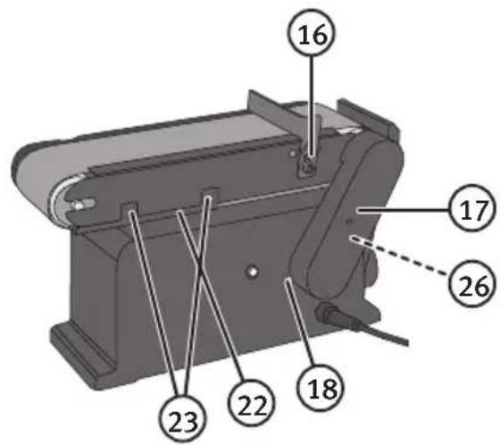 Technical diagram of a mechanical device with numbered components labeled 16, 17, 18, 22, 23, and 26.