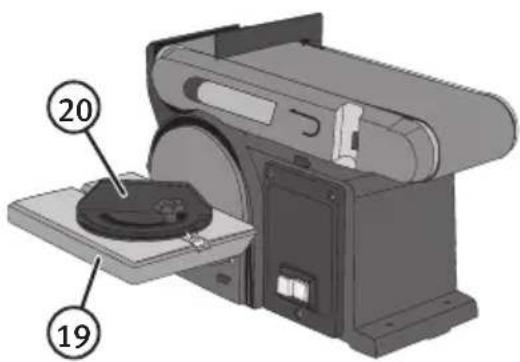 Diagram of a machine with labeled parts, showing part 20 and part 19 pointing to a circular component.