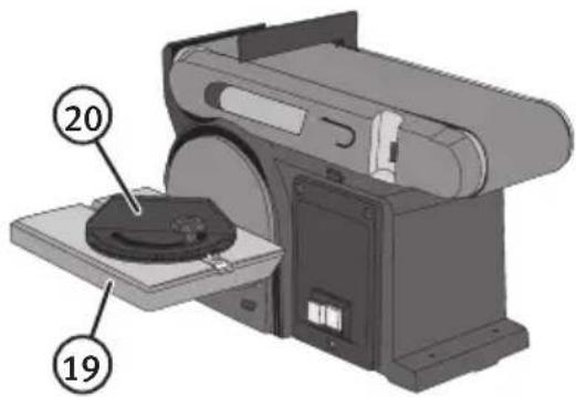 Diagram of a machine with labeled parts, showing part 20 and part 19 pointing to a circular component.