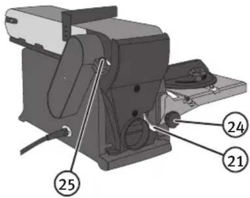 Technical diagram of a mechanical device with numbered components labeled 21, 24, and 25